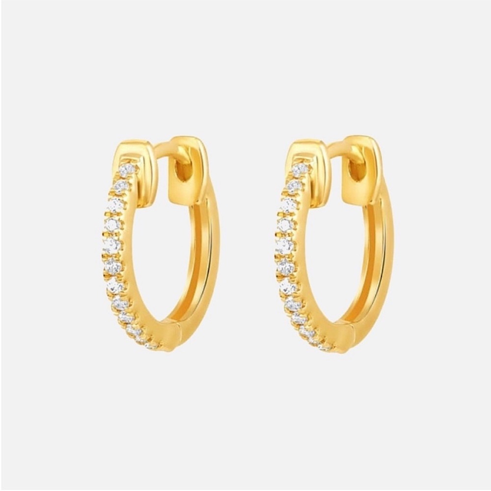 14K Gold Plated Pave Crystal CZ Gem Huggie Mini Hoop Earrings